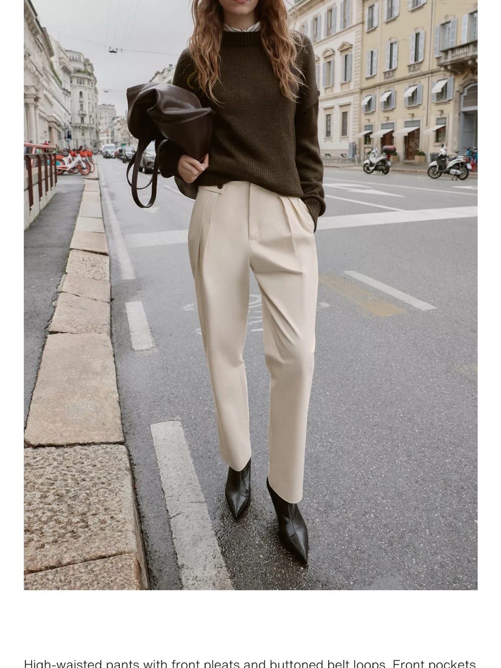 Zara Cream High-Waisted Tapered Pants with Waist Buttons